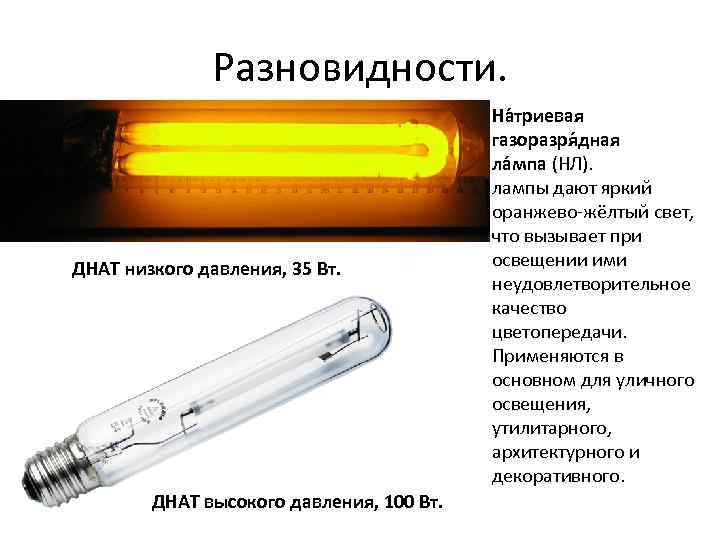 Разновидности. ДНАТ низкого давления, 35 Вт. ДНАТ высокого давления, 100 Вт. На триевая газоразря