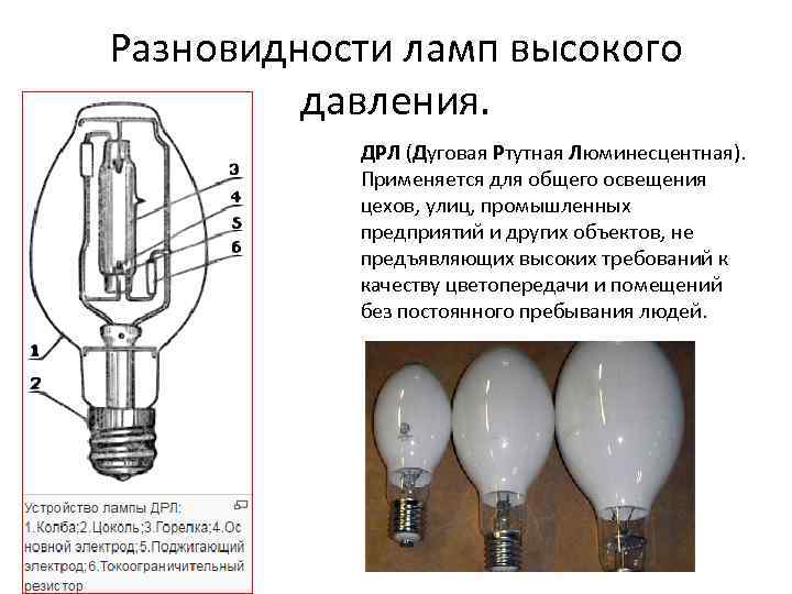 Разновидности ламп высокого давления. ДРЛ (Дуговая Ртутная Люминесцентная). Применяется для общего освещения цехов, улиц,