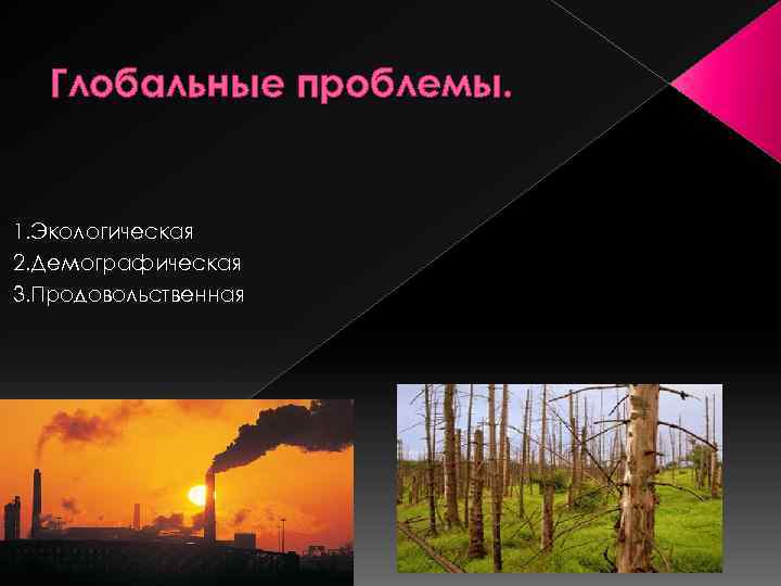 Глобальные проблемы. 1. Экологическая 2. Демографическая 3. Продовольственная 