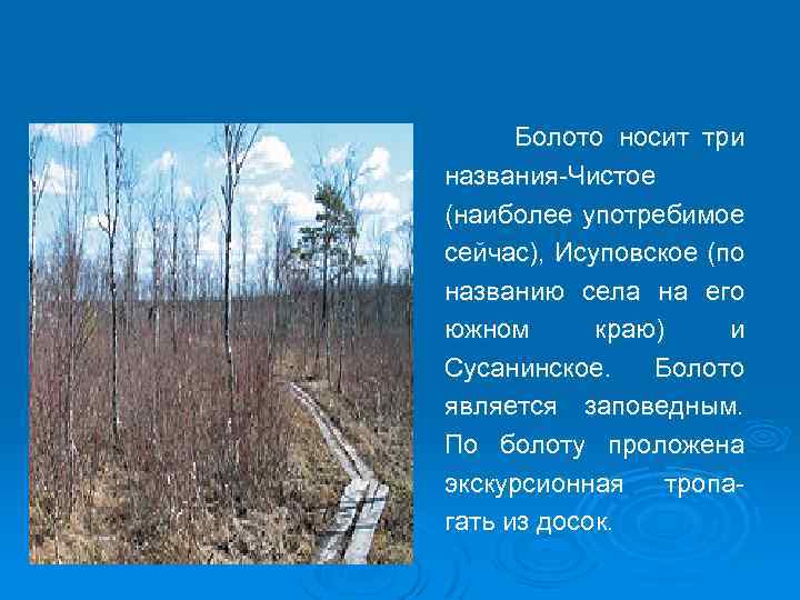 Болото носит три названия-Чистое (наиболее употребимое сейчас), Исуповское (по названию села на его южном