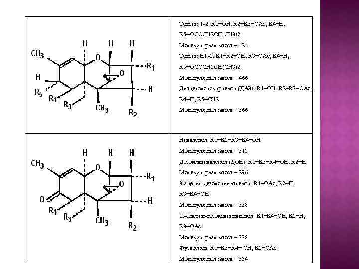 Токсин T-2: R 1=OH, R 2=R 3=OAc, R 4=H, R 5=OCOCH 2 CH(CH 3)2