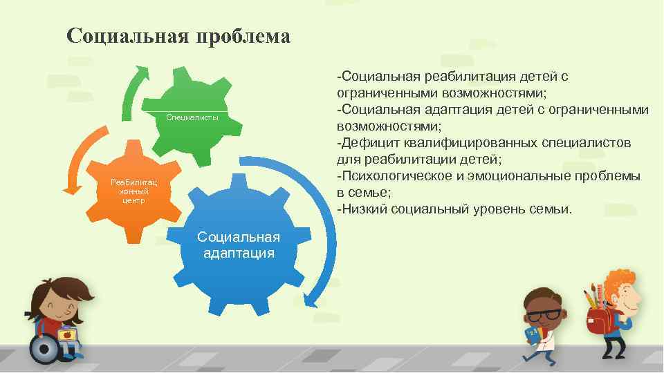 Социальная проблема Специалисты Реабилитац ионный центр Социальная адаптация -Социальная реабилитация детей с ограниченными возможностями;