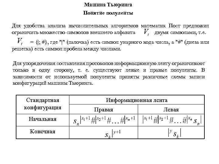 Машина Тьюринга Понятие полуленты Для удобства анализа вычислительных алгоритмов математик Пост предложил ограничить множество