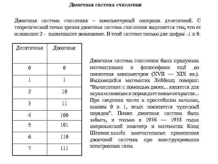 Двоичная система счисления – компьютерный соперник десятичной. С теоретической точки зрения двоичная система счисления