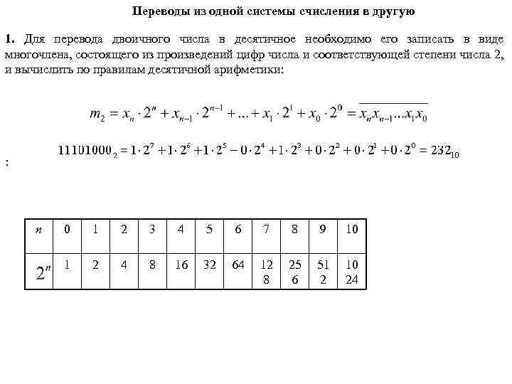 Переводы из одной системы счисления в другую 1. Для перевода двоичного числа в десятичное