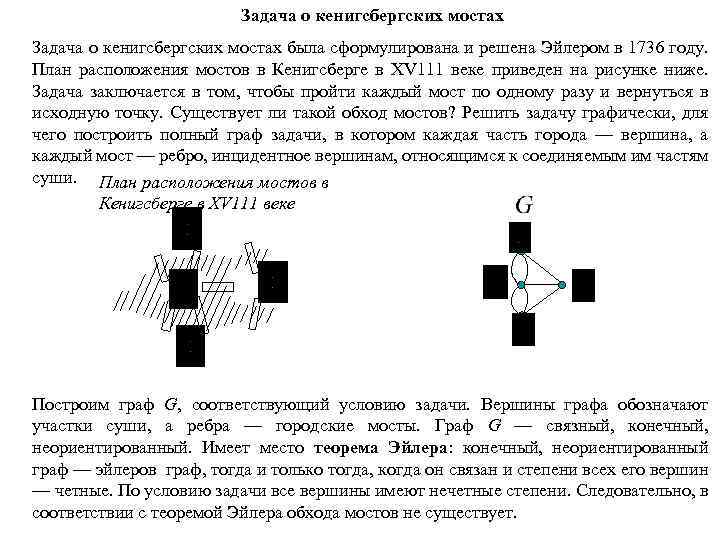 Задача о кенигсбергских мостах была сформулирована и решена Эйлером в 1736 году. План расположения