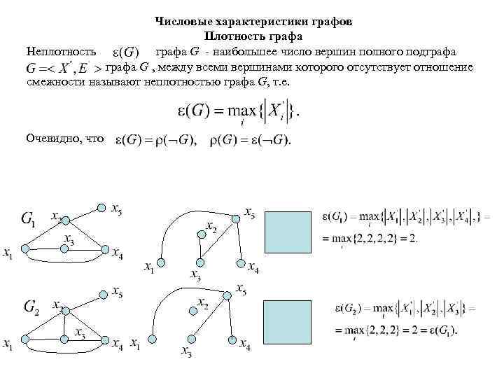 Числовые характеристики графов Плотность графа Неплотность графа G - наибольшее число вершин полного подграфа