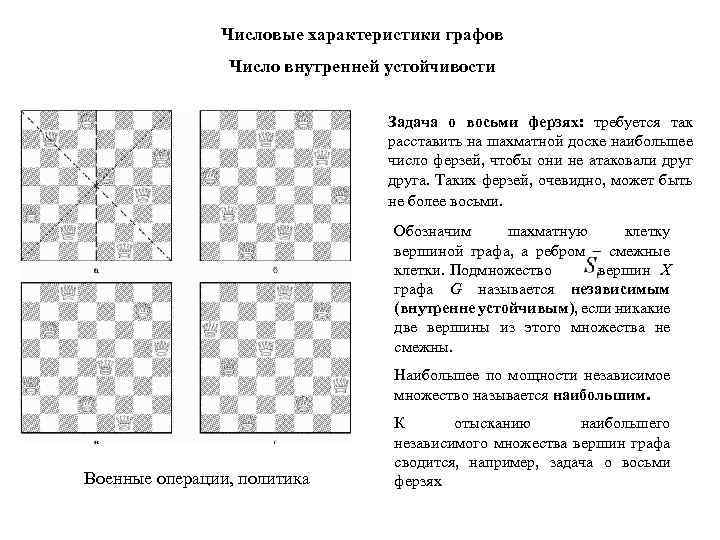 Числовые характеристики графов Число внутренней устойчивости Задача о восьми ферзях: требуется так расставить на