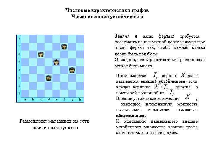 Числовые характеристики графов Число внешней устойчивости Задача о пяти ферзях: требуется расставить на шахматной