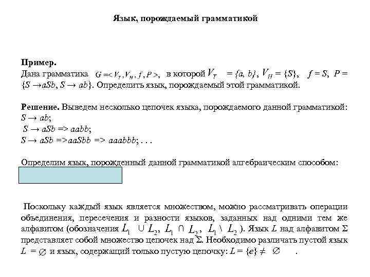 Язык, порождаемый грамматикой Пример. Дана грамматика в которой = {а, b}, = {S}, f