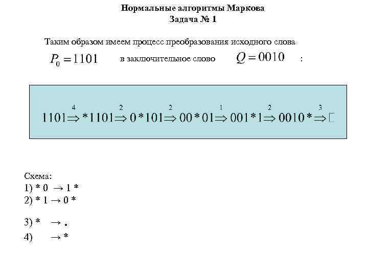 Нормальные алгоритмы Маркова Задача № 1 Таким образом имеем процесс преобразования исходного слова в