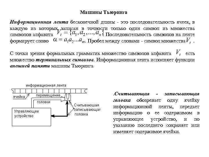 Машины Тьюринга Информационная лента бесконечной длины - это последовательность ячеек, в каждую из которых