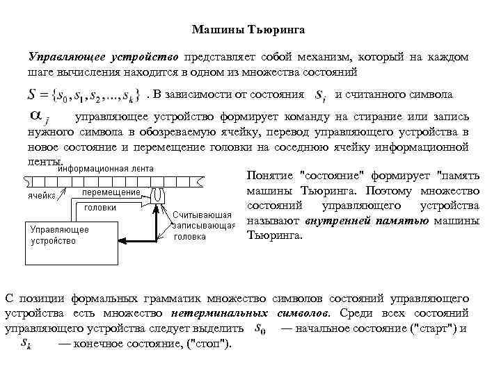 Машины Тьюринга Управляющее устройство представляет собой механизм, который на каждом шаге вычисления находится в