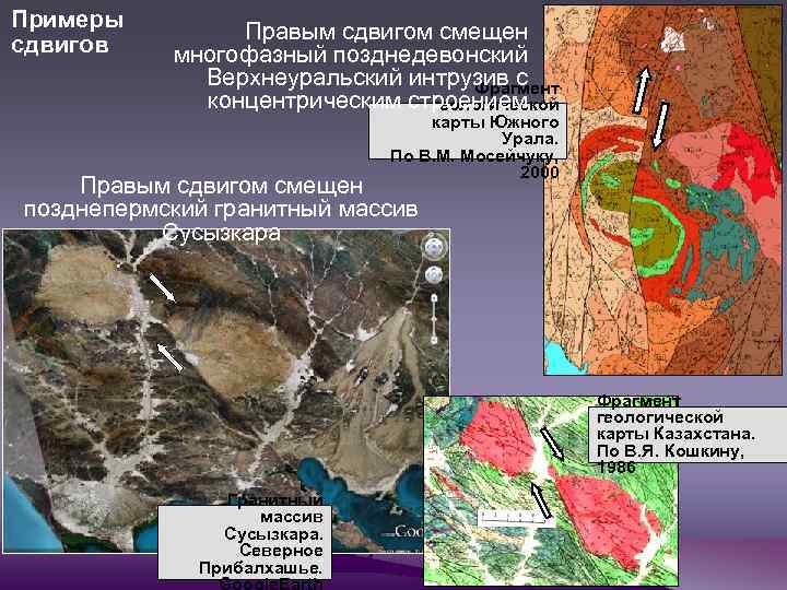 Примеры сдвигов Правым сдвигом смещен многофазный позднедевонский Верхнеуральский интрузив с Фрагмент концентрическим строением геологической