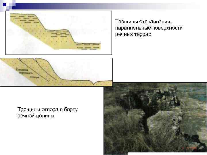 Трещины отслаивания, параллельные поверхности речных террас Трещины отпора в борту речной долины 