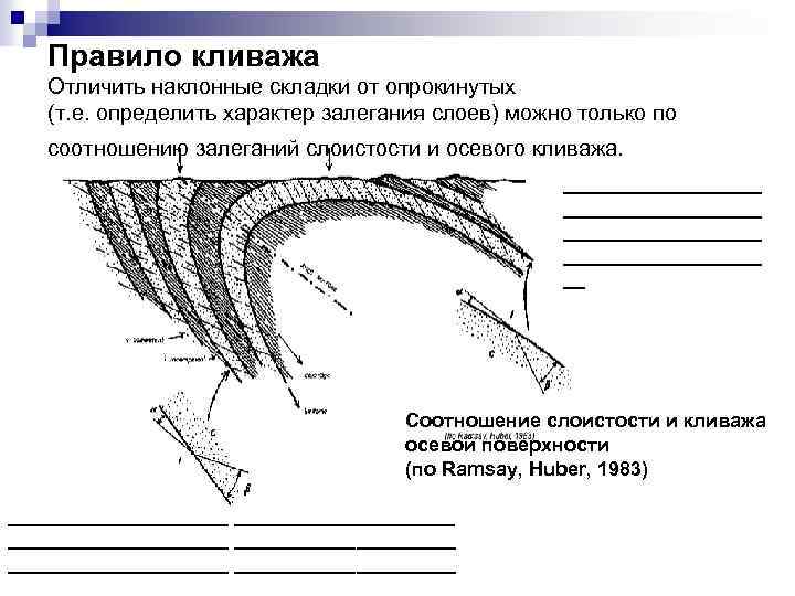 Правило кливажа Отличить наклонные складки от опрокинутых (т. е. определить характер залегания слоев) можно