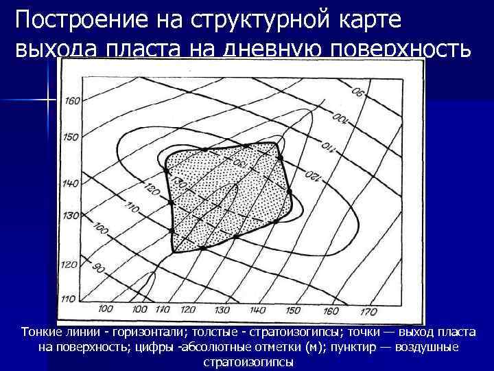 Построение на структурной карте выхода пласта на дневную поверхность Тонкие линии - горизонтали; толстые