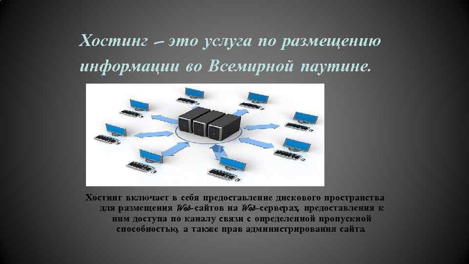 Хостинг – это услуга по размещению информации во Всемирной паутине. Хостинг включает в себя