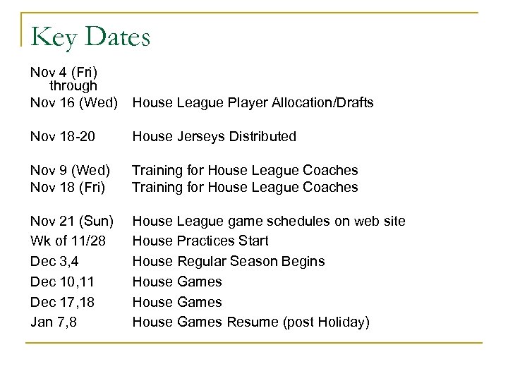 Key Dates Nov 4 (Fri) through Nov 16 (Wed) House League Player Allocation/Drafts Nov