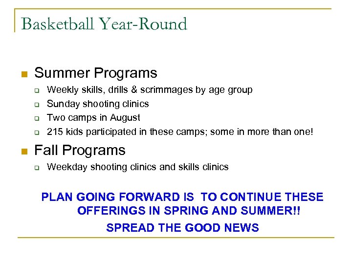 Basketball Year-Round n Summer Programs q q n Weekly skills, drills & scrimmages by