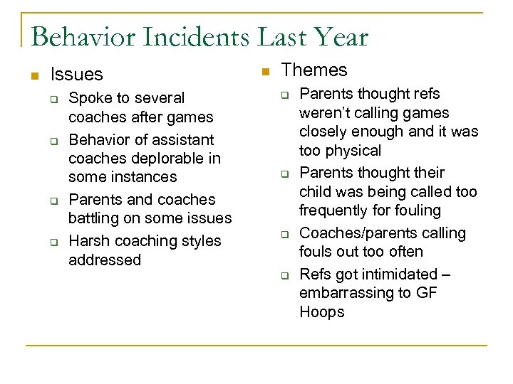 Behavior Incidents Last Year n Issues q q Spoke to several coaches after games