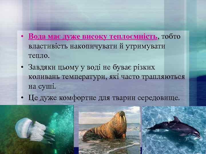  • Вода має дуже високу теплоємність, тобто властивість накопичувати й утримувати тепло. •