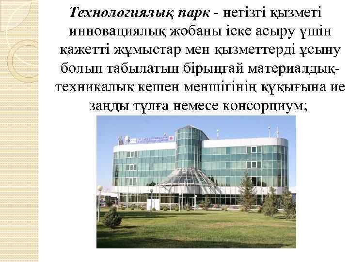 Технологиялық парк - негізгі қызметі инновациялық жобаны іске асыру үшін қажетті жұмыстар мен қызметтерді