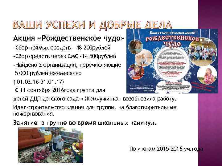 Акция «Рождественское чудо» -Сбор прямых средств – 48 200 рублей -Сбор средств через СМС