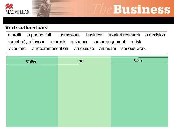 Verb collocations a profit a phone call somebody a favour overtime homework a break