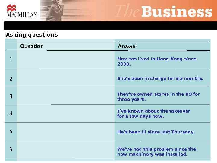 Asking questions Question Answer 1 Max has lived in Hong Kong since 2000. 2