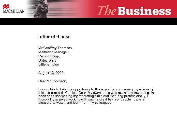 Letter of thanks ¡ Mr Geoffrey Thomson Marketing Manager Cambro Corp. Gates Drive Littlehampton