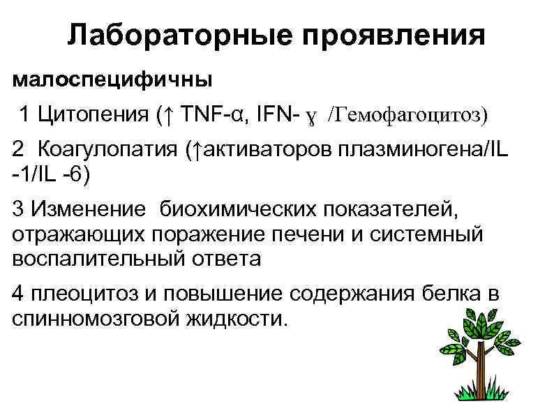 Лабораторные проявления малоспецифичны 1 Цитопения (↑ TNF-α, IFN- ɣ /Гемофагоцитоз) 2 Коагулопатия (↑активаторов плазминогена/IL