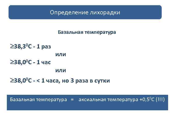 Определение лихорадки Базальная температура 38, 30 С - 1 раз 38, 00 С -