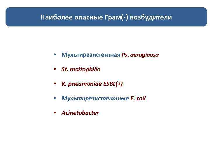 Наиболее опасные Грам(-) возбудители • Мультирезистентная Ps. аeruginosa • St. maltophilia • K. pneumoniae