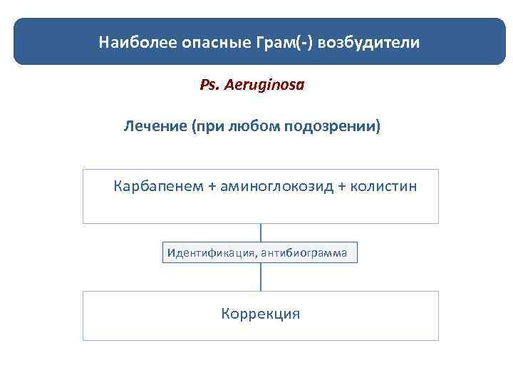 Наиболее опасные Грам(-) возбудители Ps. Aeruginosa Лечение (при любом подозрении) Карбапенем + аминоглокозид +