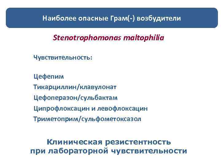 Наиболее опасные Грам(-) возбудители Stenotrophomonas maltophilia Чувствительность: Цефепим Тикарциллин/клавулонат Цефоперазон/сульбактам Ципрофлоксацин и левофлоксацин Триметоприм/сульфометоксазол