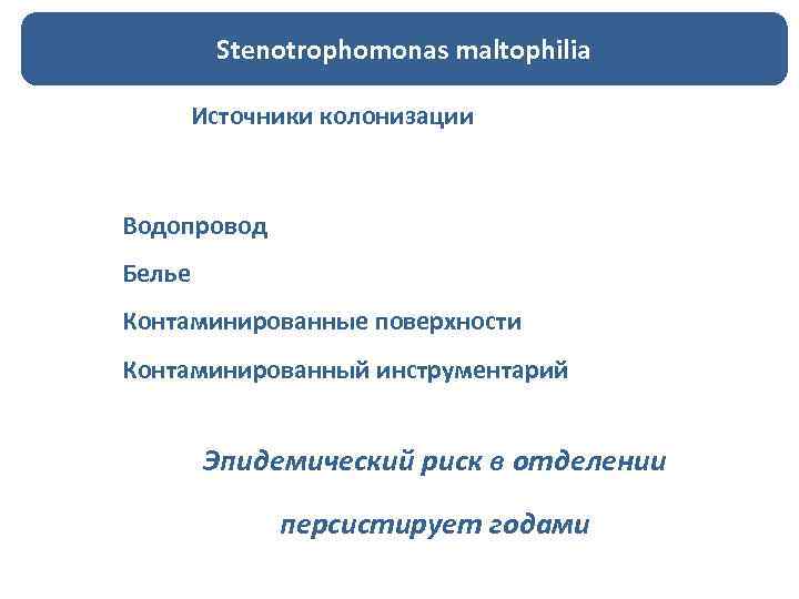 Stenotrophomonas maltophilia Источники колонизации Водопровод Белье Контаминированные поверхности Контаминированный инструментарий Эпидемический риск в отделении