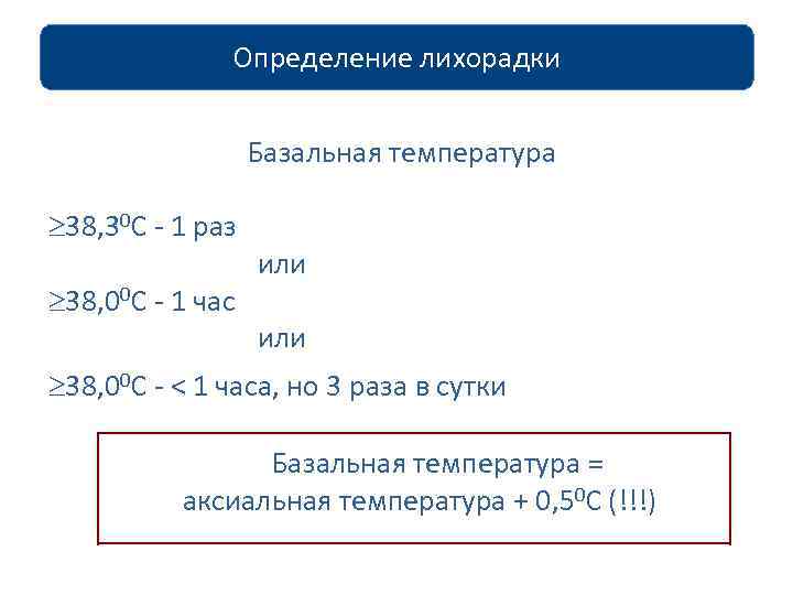 Определение лихорадки Базальная температура 38, 30 С - 1 раз 38, 00 С -