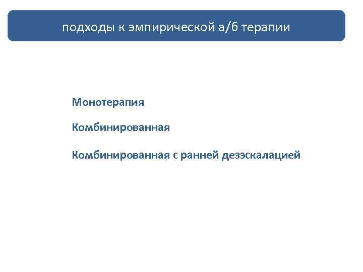 подходы к эмпирической а/б терапии Монотерапия Комбинированная с ранней дезэскалацией 