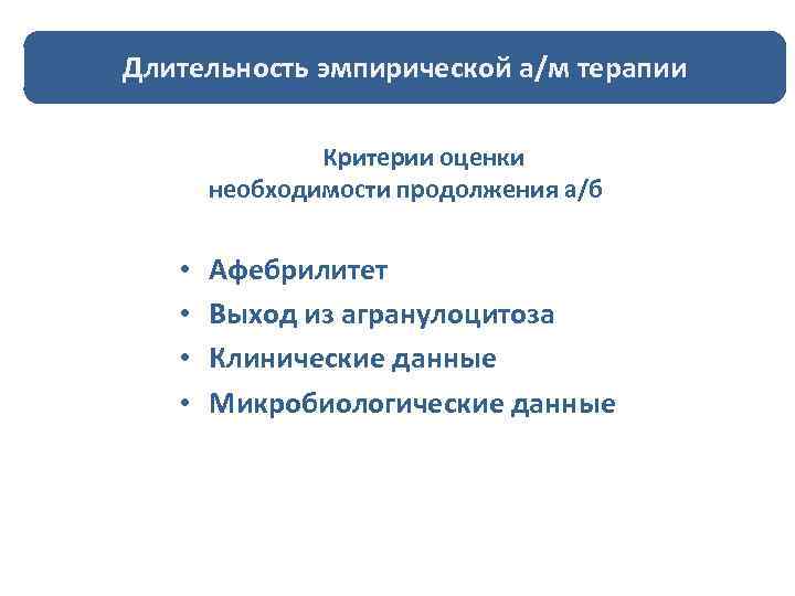 Длительность эмпирической а/м терапии Критерии оценки необходимости продолжения а/б • • Афебрилитет Выход из