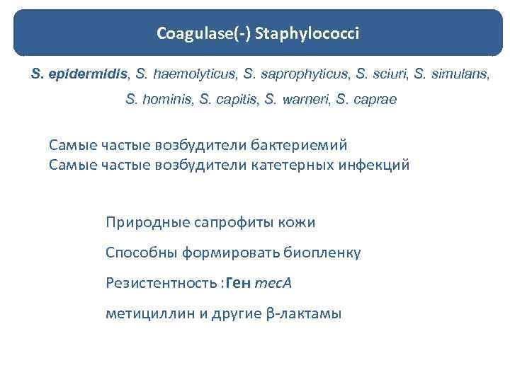 Coagulase(-) Staphylococci S. epidermidis, S. haemolyticus, S. saprophyticus, S. sciuri, S. simulans, S. hominis,