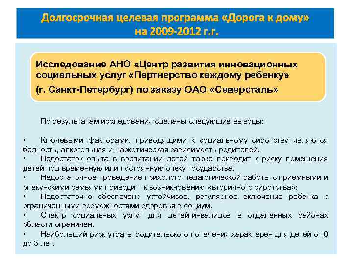 Долгосрочная целевая программа «Дорога к дому» на 2009 -2012 г. г. Исследование АНО «Центр