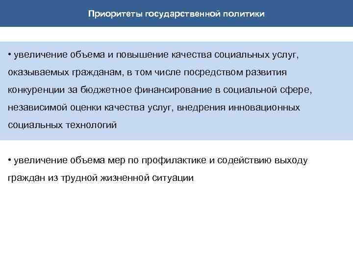 Приоритеты государственной политики • увеличение объема и повышение качества социальных услуг, оказываемых гражданам, в