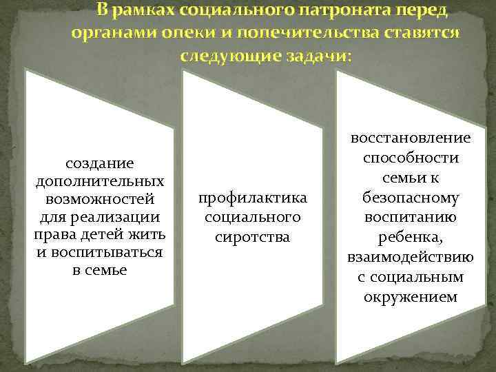  В рамках социального патроната перед органами опеки и попечительства ставятся следующие задачи: создание