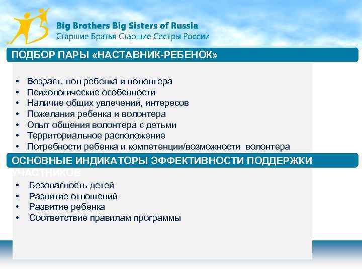 ПОДБОР ПАРЫ «НАСТАВНИК-РЕБЕНОК» • • Возраст, пол ребенка и волонтера Психологические особенности Наличие общих