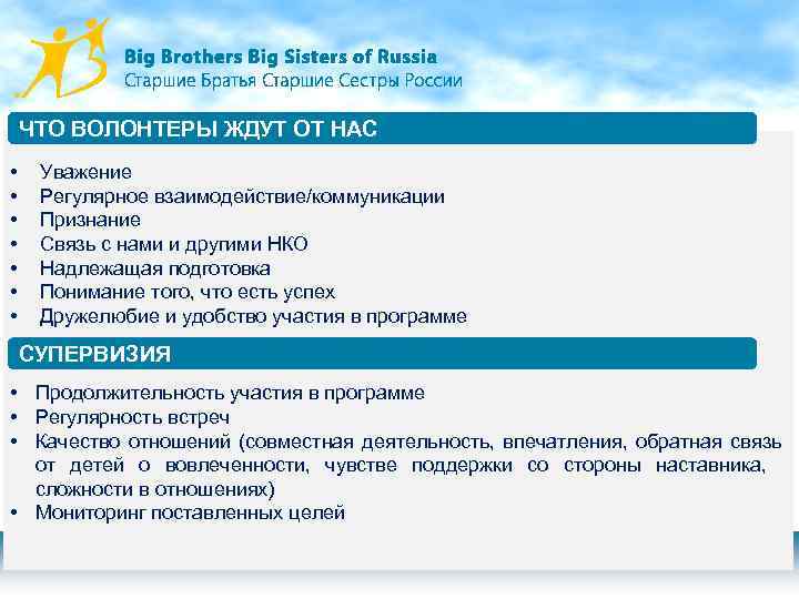 ЧТО ВОЛОНТЕРЫ ЖДУТ ОТ НАС • • Уважение Регулярное взаимодействие/коммуникации Признание Связь с нами