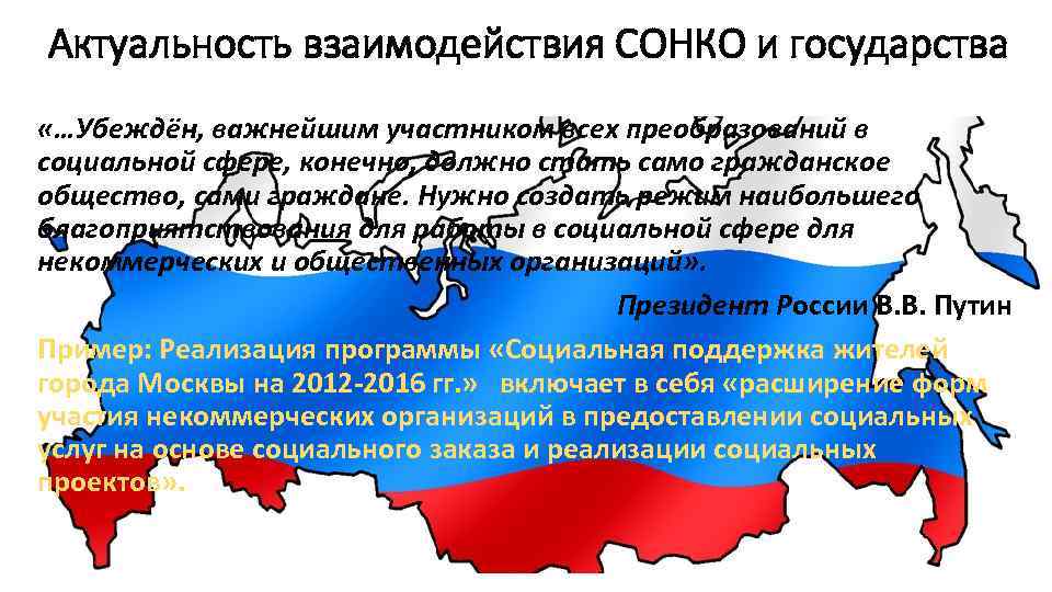 Актуальность взаимодействия СОНКО и государства «…Убеждён, важнейшим участником всех преобразований в социальной сфере, конечно,