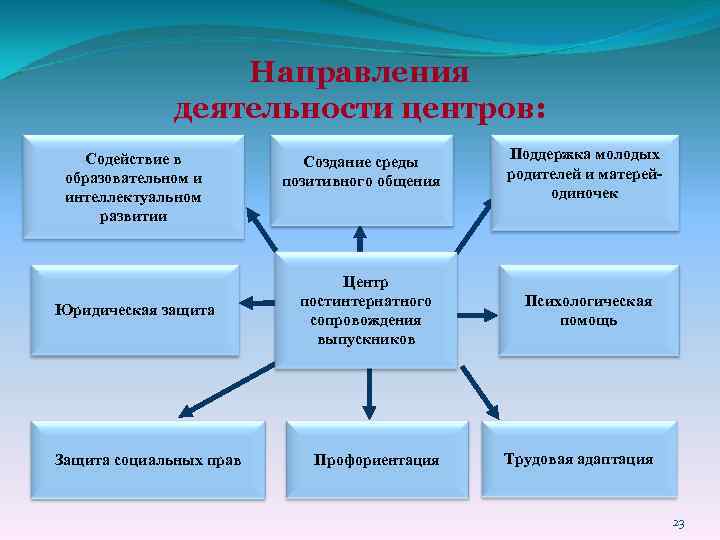 Направления деятельности центров: Содействие в образовательном и интеллектуальном развитии Юридическая защита Защита социальных прав
