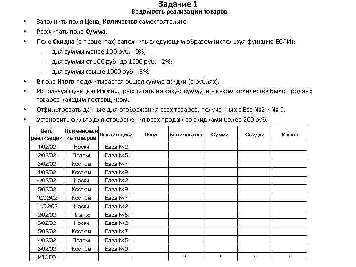 Задание 1 • • Ведомость реализации товаров Заполнить поля Цена, Количество самостоятельно. Рассчитать поле