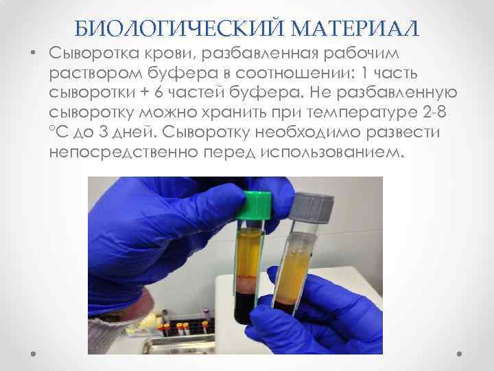 БИОЛОГИЧЕСКИЙ МАТЕРИАЛ • Сыворотка крови, разбавленная рабочим раствором буфера в соотношении: 1 часть сыворотки